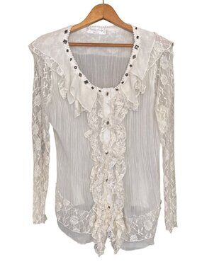Gothic Romantic White Sheer Plisse Blouse Cascading Front Ruffle Studded Trim LR